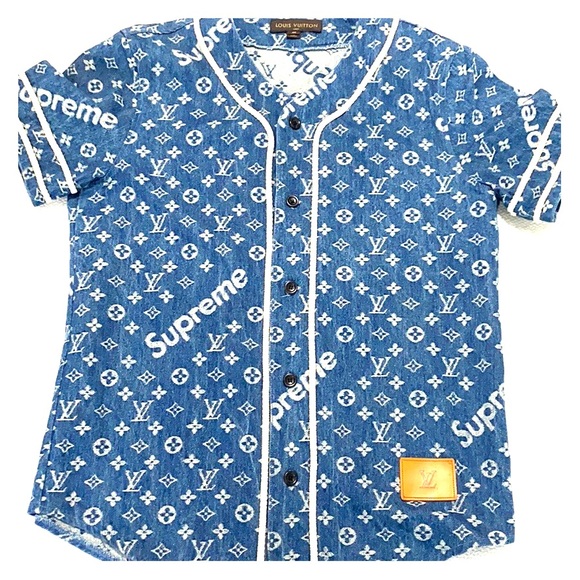supreme x louis vuitton jacquard denim baseball jersey blue